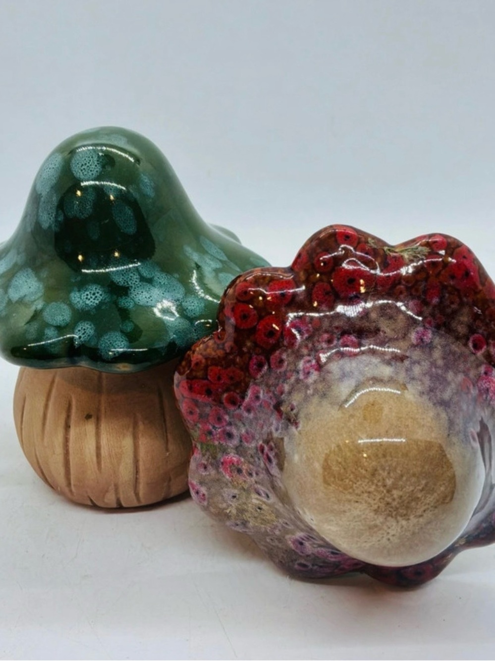 Handcrafted Ceramic Mushroom and Flower Sculptures - Green & Red